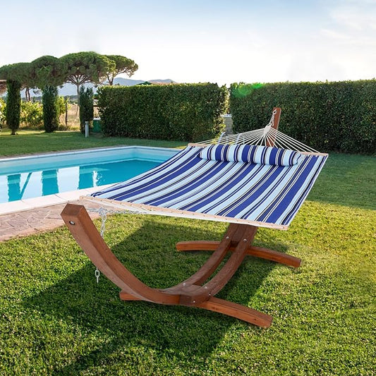 SUNCREAT Hammocks 2 Person Hammock with Stand, Portable Patio Hammock with 13.5 ft Wooden Stand, Blue Stripes