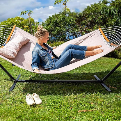 SUNCREAT 55 Inch Large Double Hammock with Stand, 450lbs Capacity, Outdoor Portable Hammock with Curved Spreader Bar, Extra Large Pillow, Tan