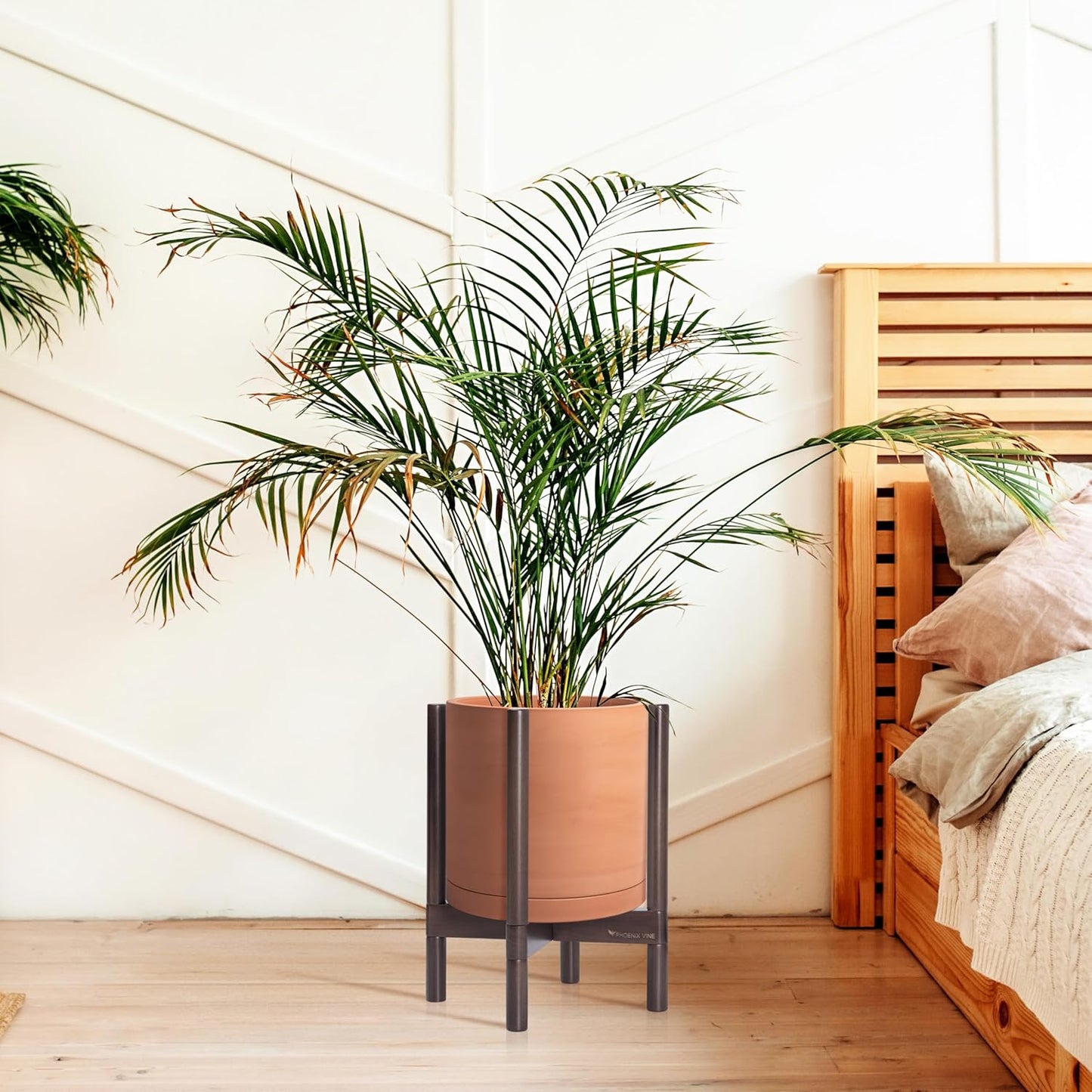 D'vine Dev Terracotta Planter with Walnut Color Stand - 12 Inch Modern Round Flower Pot with Wood Planter Holder, Terracotta, 55-B-W-5