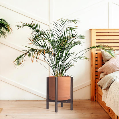 D'vine Dev Terracotta Planter with Walnut Color Stand - 12 Inch Modern Round Flower Pot with Wood Planter Holder, Terracotta, 55-B-W-5