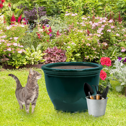 Sunnydaze Studio Large Ceramic Plant Pot - Round Outdoor Glazed Ceramic Planter Pot with Drainage - Dark Green - 18.5 in