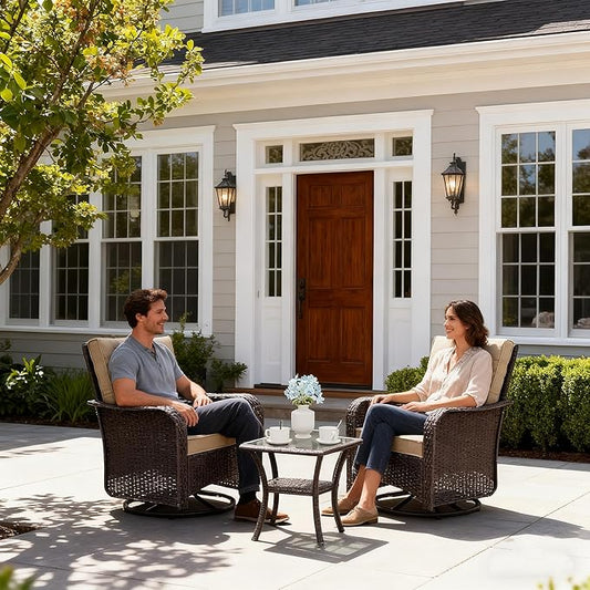 Gotland 3 Pieces Patio Set, Outdoor Swivel Chairs Set of 2 with 4'' Waterproof Cushions High Back Double-Layer Side Table, Wicker Rocking Patio Chairs Set of 2 for Balcony, Porch, Garden