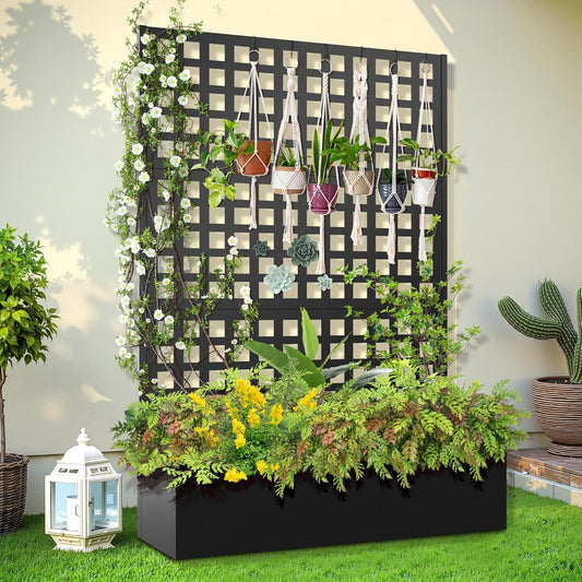 Metal Raised Garden Bed, Trellis Planters Bed with Drainage Holes for Climbing Plants, Vegetables Outdoor Privacy Screen with Planter Box 73"x47"x16", Black