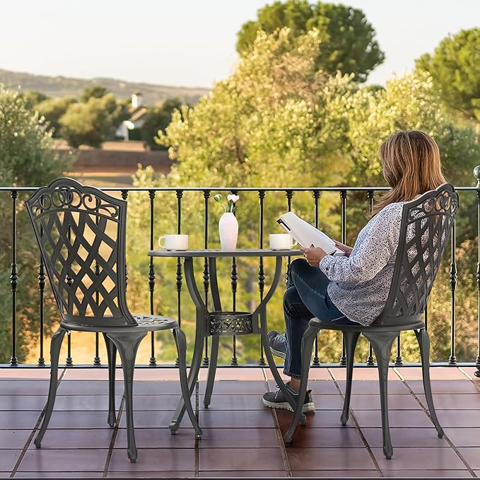 NUU GARDEN 3 Piece Outdoor Bistro Table Set, All Weather Cast Aluminum Patio Bistro Sets Patio Table and Chairs Set of 2 with Umbrella Hole for Yard, Garden, Balcony, Black