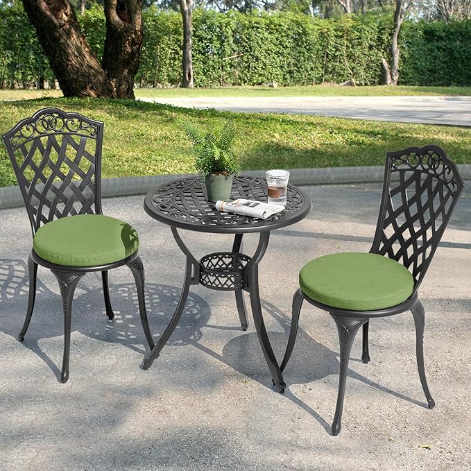 NUU GARDEN 3-Piece Outdoor Patio Bistro Set, Cast Aluminum Table and 2 Chairs with Green Cushions and Umbrella Hole, Weather-Resistant Bistro Set for Balcony, Porch, Garden, Black