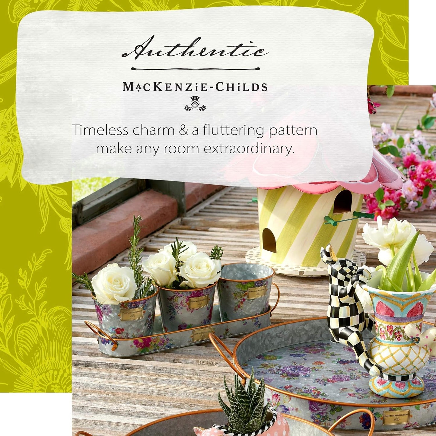 MACKENZIE-CHILDS Galvanized Herb Pots with Tray, Metal Herb Planters, Set of 3, Flower Market