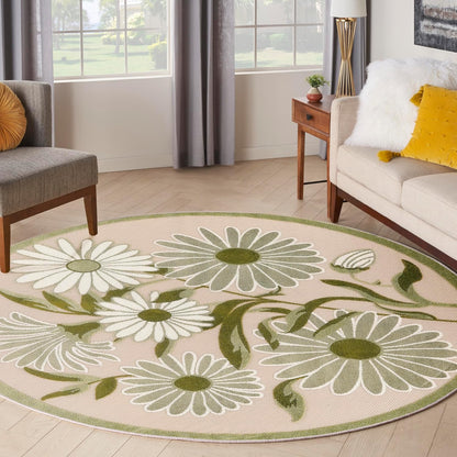 Nourison Home Aloha Indoor/Outdoor Ivory Green 5'3" x Round Area Rug, Easy-Cleaning, Non Shedding, Bed Room, Living Room, Dining Room, Backyard, Patio, Deck (5 Round)