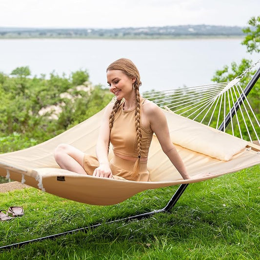 SUNCREAT Double Outdoor Hammock with 15 ft Stand, Standing Patio Hammocks for Outside, Beige