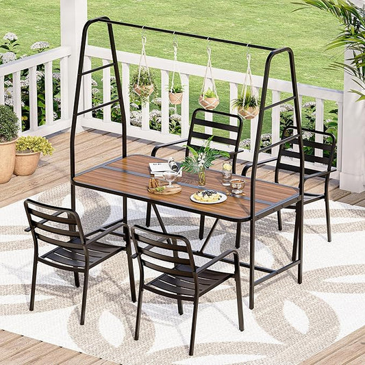 LAUSAINT HOME A-Frame Outdoor Dining Table Set for 4 with 4 Hooks, Patio Furniture Set for Garden, Backyard and Patio, for Family, Holiday and Winter, Black