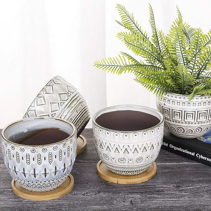 VanEnjoy 5.5 inch Large Round Bohemian Style Ceramic Planter, Geometry Engrave Off White Brown Succulent Planter Flower Pot - Indoor Outdoor Decorative Planter