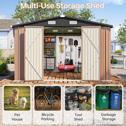 10x10 FT Outdoor Storage Shed, Utility Steel Tool Shed with Lockable Door and Air Vents, Galvanized Metal Shed for Garden Backyard Patio Lawn (10'x10', Brown)