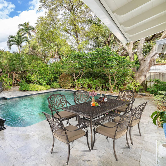 Outvita 59inch Patio Dinning Table, Outdoor Cast Aluminum Large Rectangle Table with Umbrella Hole and Antique Design for Backyard Pool Balcony Deck