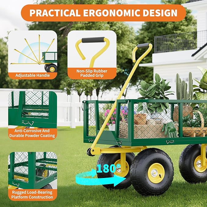 900 Lbs Garden Wagon, 2-in-1 Heavy-Duty Steel Garden Cart, with 10 Inch All-Terrain Tires and Removable Mesh Side Panels, 180° Rotating Handle, Metal Multi-Function Carts, Outdoor Gardens Wagon Cart