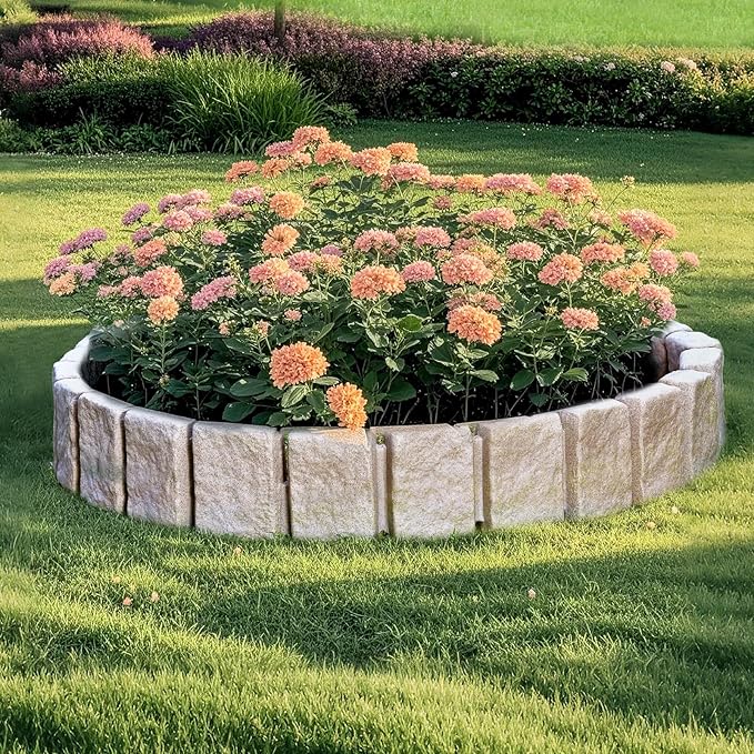 VEVOR Faux Stone Landscape Edging, No Dig Garden Edging Border, Flexible Blocks for Lawn Edging, Flower Beds, Driveway, Yards with 12 Spikes, 4 Pack 24 Bricks 16FT Kit, 47.2" Lx 4" W x 9" H, Beige
