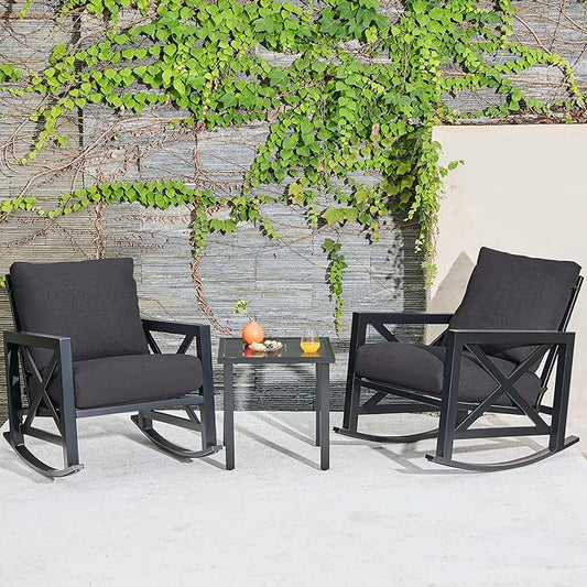 NATURAL EXPRESSIONS Patio Rocking Bistro Set, 3 Piece Outdoor Conversation Furniture Set with 2 Rockers and 1 Metal Coffee Table with Thick Cushions,2 Pack Patio Chair Covers Included
