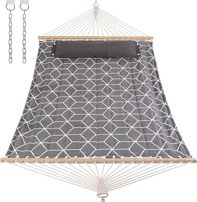 ANOW Outdoor Hammock with Spreader Bars and Detachable Pillow, 2 Person Hammock, 450 LBS Weight Capacity, Gray Cube