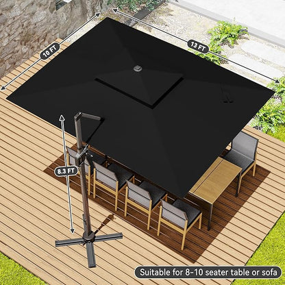 10x13 FT Cantilever Patio Umbrella Double Top Outdoor Rectangular Large Heavy Duty Aluminum Offset Umbrellas with 7 Level Tilt 360-degree Rotation for Pool Garden Deck, Black