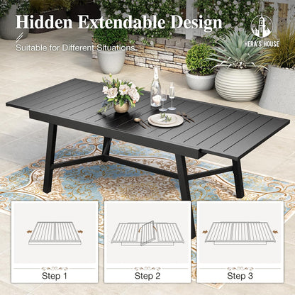 HERA'S HOUSE Extendable Patio Table and Chairs Set for 8, 9 Pieces Outdoor Dining Sets, 61"-84" Rectangular Metal Table with Chairs for Deck Lawn Garden Porch