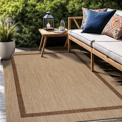 Bordered Outdoor Rug 10x14 Washable Outside Carpet for Indoor Patio Porch Waterproof Easy Cleaning Non Shedding Area Rugs Jute Beige - Nut Brown 10 x 14