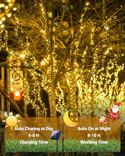 6 Pack Solar Christmas Lights Outdoor Waterproof, 600 LED 198 FT Solar Powered String Lights Outdoor with Green Wire 8 Lighting Modes, Mini LED Xmas Tree Light for Fence Party Decorations, Warm White