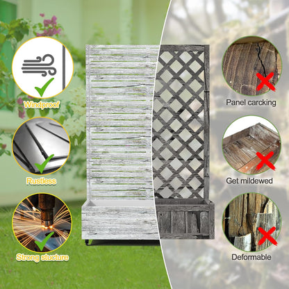 FENCY Metal Raised Garden Bed with Wheels and Trellis,73"x47"x16" Planter Box for Climbing Plants, Vegetables & Vines, Features Privacy Screen and Drainage Holes (White Wood Color)