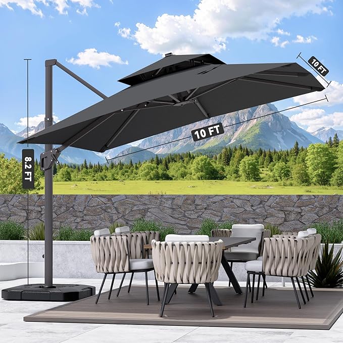10' X 10' Cantilever Patio Umbrella Outdoor Heavy Duty Double Top Windproof Square Offset Umbrellas with 360-degree Rotation for Pool Deck Backyard, Grey