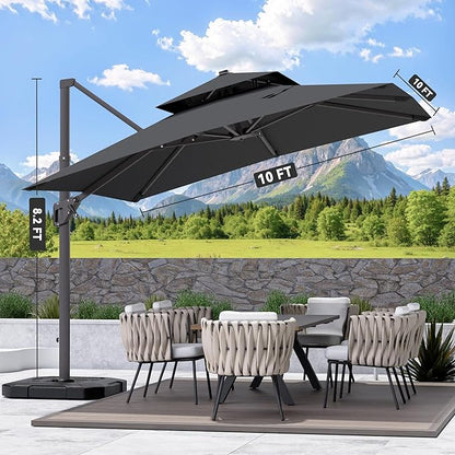 10' X 10' Cantilever Patio Umbrella Outdoor Heavy Duty Double Top Windproof Square Offset Umbrellas with 360-degree Rotation for Pool Deck Backyard, Grey