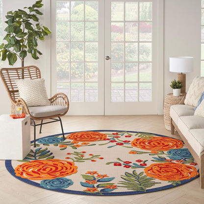 Nourison Home Aloha Indoor/Outdoor Multicolor 7’10” x Round Area Rug, Easy-Cleaning, Non Shedding, Bed Room, Living Room, Dining Room, Backyard, Deck, Patio (8 Round)