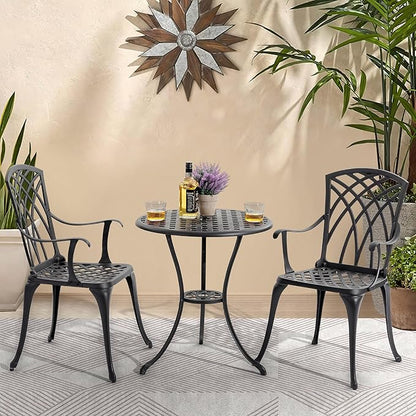 NUU GARDEN 3-Piece Patio Bistro Set, Cast Aluminum Table and 2 Chairs with Umbrella Hole, Outdoor Bistro Set for Patio or Backyard, Black