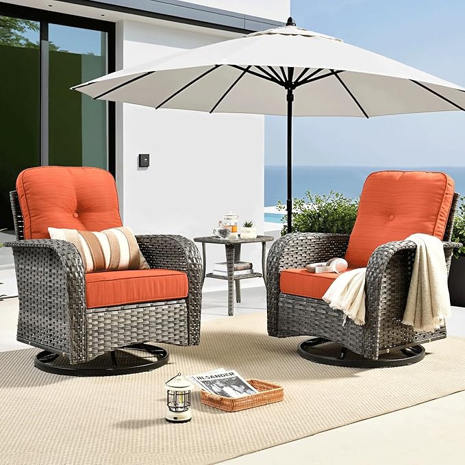 ovios 3 Pieces Patio Furniture Set, Outdoor Rocking Chairs of 2, Wicker Swivel Glider Chairs with Side Table Thick Cushions, All Weather Rattan Bistro Set for Porch, Orange Red
