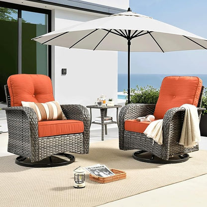 ovios 3 Pieces Patio Furniture Set, Outdoor Rocking Chairs of 2, Wicker Swivel Glider Chairs with Side Table Thick Cushions, All Weather Rattan Bistro Set for Porch, Orange Red