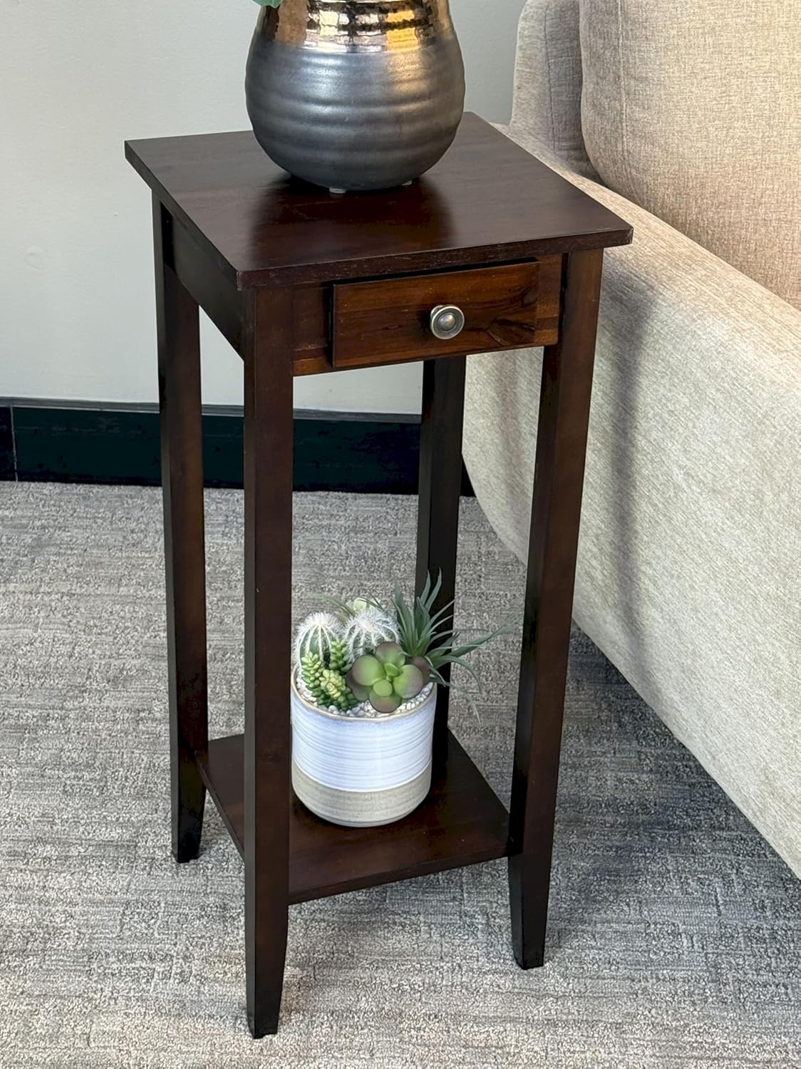2-Tier Solid Acacia Plant Stand w/Drawer