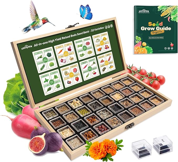 Lush&Dew Raised Garden Bed Heirloom Seed Bank, 32 Varieties 30,000+ Non-GMO Survival Seeds for Planting Vegetables Herbs Fruits, Gardening Gifts for Women Men, Seed Vault Kit, Emergency Food Supplies