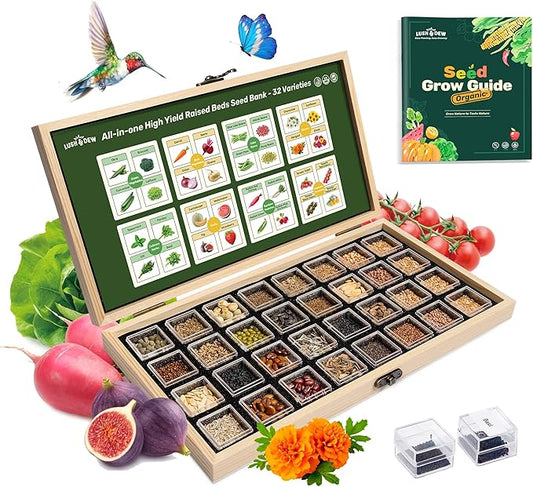 Lush&Dew Raised Garden Bed Heirloom Seed Bank, 32 Varieties 30,000+ Non-GMO Survival Seeds for Planting Vegetables Herbs Fruits, Gardening Gifts for Women Men, Seed Vault Kit, Emergency Food Supplies