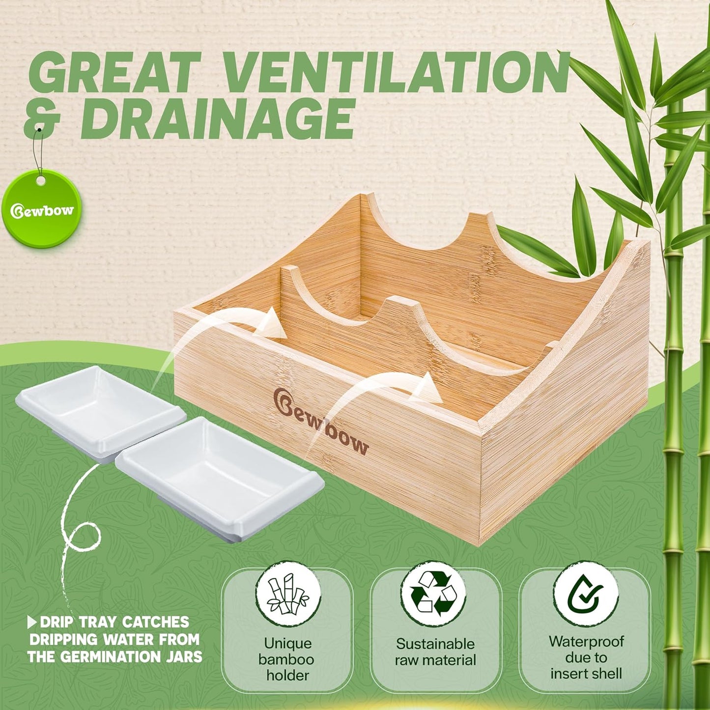 [Premium] Seed Sprouting Jar Kit with Bamboo Holder, 2 PCS Mason Jars, Drain Tray, Screen Lids, Blackout Sleeves, Good Ventilation & Drainage Capacity, Growing Fresh Organic Mung Beans & Microgreens