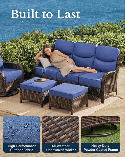 HILLGA Luxury Patio Furniture Set with 6-inch Thick Cushion, Outdoor Couch and High Back Swivel Rocker Patio Chairs, 6PCS Wicker Conversation Set for Deck Yard and Poolside, Blue (V2)