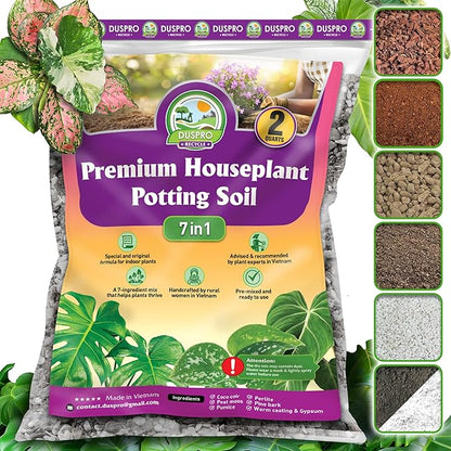 DUSPRO Recycle Pre-Mixed House Plant Soil Aroid Potting Mix 7-in-1 with Coco Coir, Peat Moss, Perlite, Worm Casting, Pumice, Pine Bark & Gypsum, Tropical Potting Mix for Indoor Plants, Herbs 2QRT