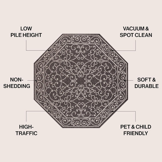 JONATHAN Y SMB106G-8TGN Charleston Vintage Filigree Textured Weave Black/Gray 8' Octagon Indoor/Outdoor Area Rug, Non-Shedding, Stain Resistant,Fade Resistant, Easy-Cleaning for Backyard Patio, Porch