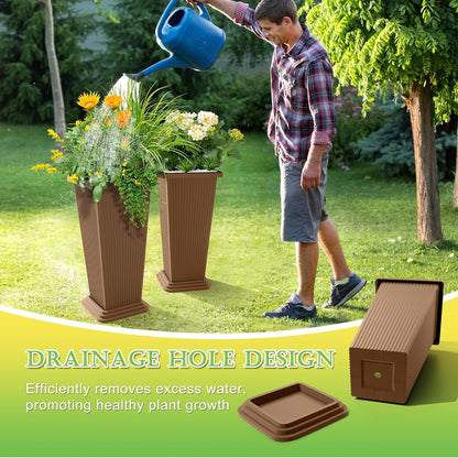 Set of 2 Tall Planters, 24" Large Indoor Outdoor Flower Pots with Tray, Modern Tapered Planters for Porch, Patio, Garden, Backyard