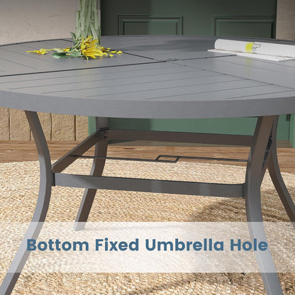 DIFY 53.1" Round Outdoor Patio Dining Table for 6-8, All-Weather Metal Steel Slatted Patio Table with 1.57" Adjustable Umbrella Hole, for Lawn Garden Porch Backyard, Grey