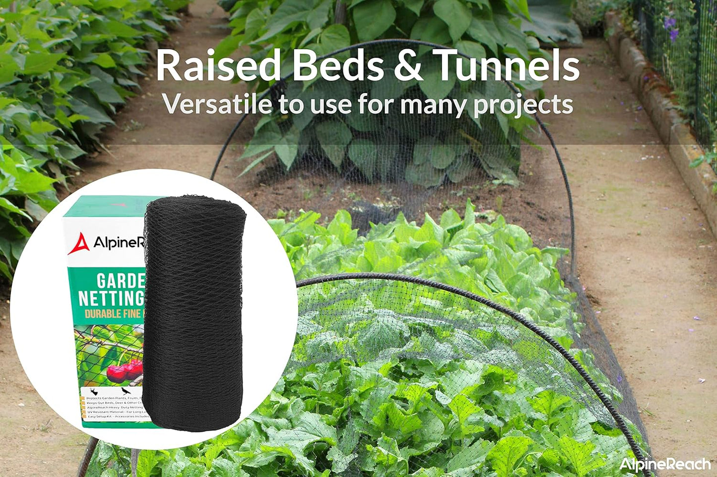 AlpineReach Garden Netting 15 x 30 ft Heavy Duty Bird Net, Deer, Plant Protection Extra Strong Woven Mesh, Reusable Kit with Zip Ties, Animal Fencing for Fruits Trees, Black