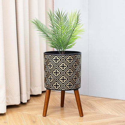 nacltlo12 Inch Planter for Indoor Plants,Plant Pot with Stand,Large Modern Mid-Century Plant Pots Indoor Outdoor with Drainage for Home Garden Patio,Black and Gold