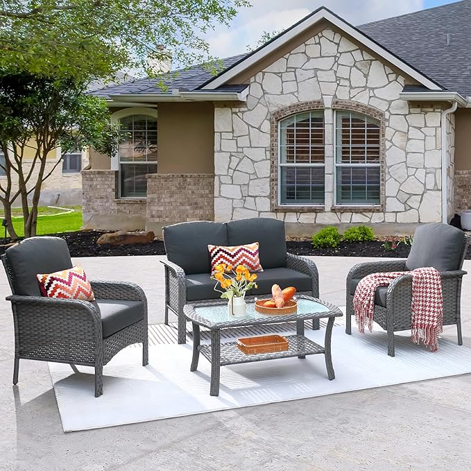 ovios 4 Pieces Patio Furniture Set, Outdoor Wicker Sofa with Coffee Table, Chairs, All Weather High Back Rattan Loveseat Couch with Comfy Cushions, Black