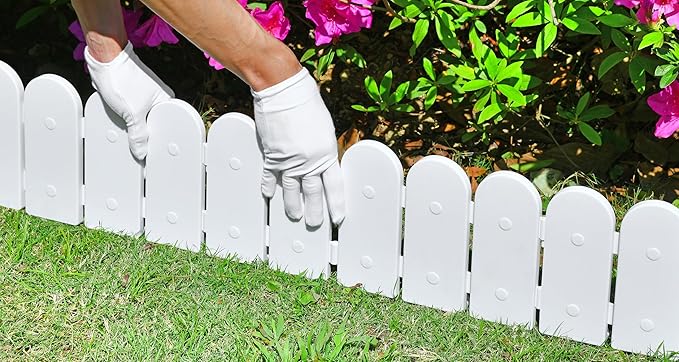 Evelyne Garden Border Edging: Wooden Fence Design - 8pcs White Yard Landscaping Fence Liner Lawn Edge Barrier - 10ft Kit of Decorative Lawn Landscape Panels Elements -Landscaping Edging-GMT-10374-D08