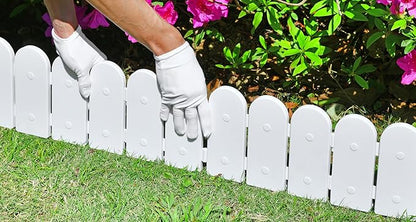 Evelyne Garden Border Edging: Wooden Fence Design - 8pcs White Yard Landscaping Fence Liner Lawn Edge Barrier - 10ft Kit of Decorative Lawn Landscape Panels Elements -Landscaping Edging-GMT-10374-D08