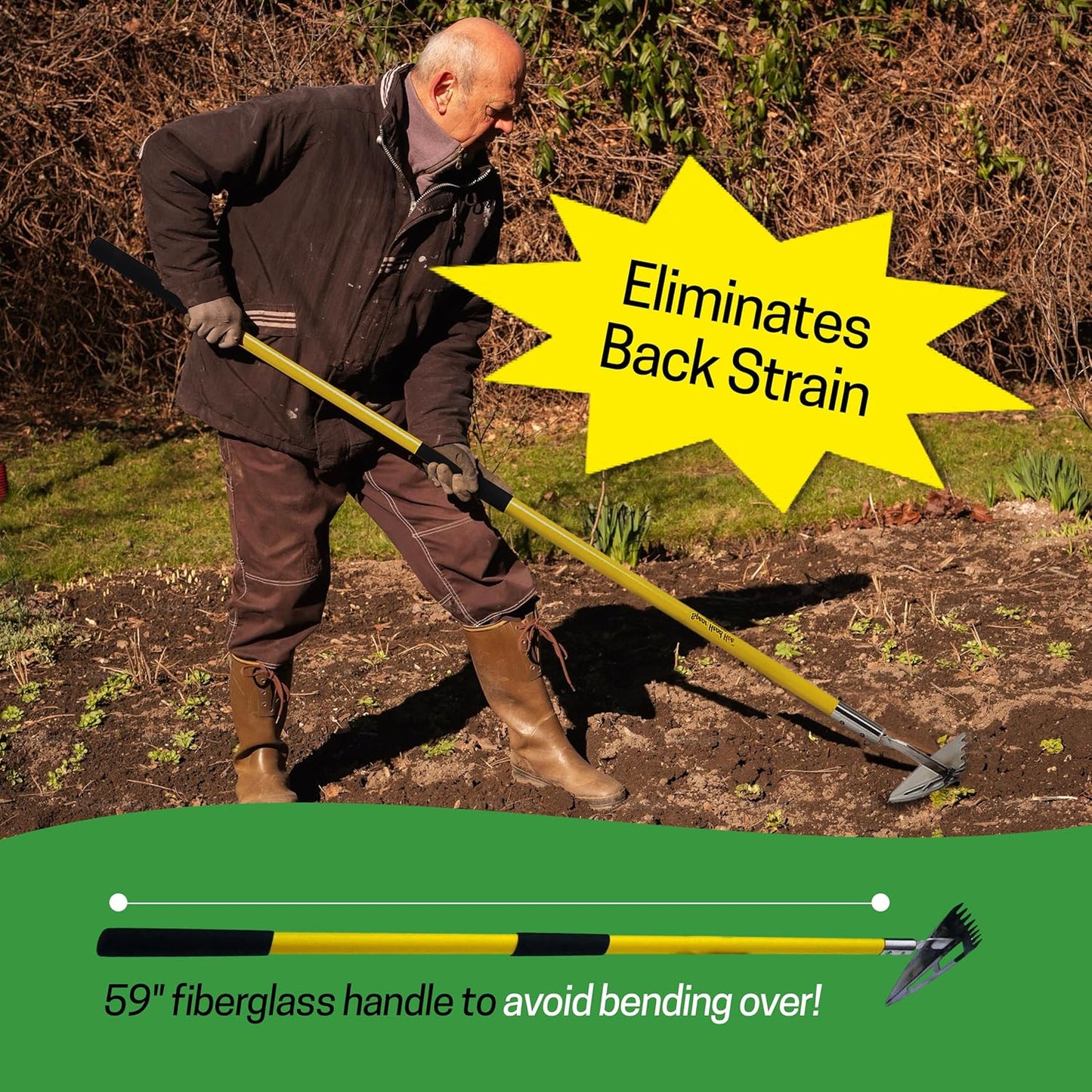 Spear Head Hoe Garden Tool - Long Handle Hoe with 59" Fiberglass Handle, 2 Cushioned Grips, & Stainless Steel Blade with Sharpened Edges & Rake - Multipurpose Garden Hoe for Weeding & More (Yellow)