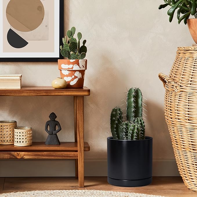 D'vine Dev 8.2 Inch Ceramic Planter Pot with Drainage Hole and Saucer, Indoor Cylinder Round Planter Pot, Black, 94-O-D-2