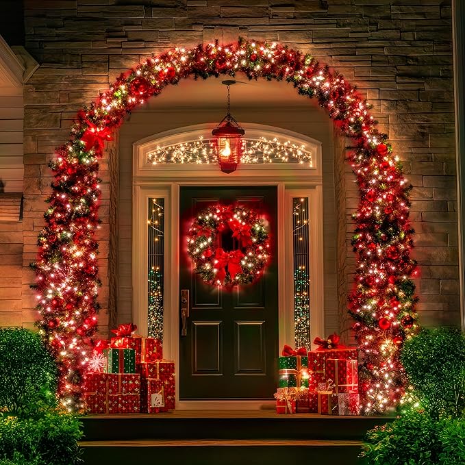 OZS 4 Pack 320LED Solar Christmas String Lights Outdoor, Waterproof 8 Modes Solar Tree Light, Green Wire Christmas Lights Outdoor for Garden, Party, Wedding, Christmas Decorations (Red&Cool White)