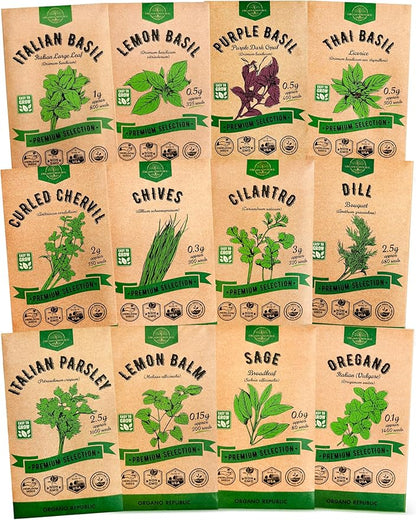 Organo Republic 12 Culinary Herbs Seeds Variety Pack - 7,355+ Heirloom, Non-GMO, Herbs Seeds for Outdoor and Indoor Home Gardening, Including Basil, Cilantro, Chives, Dill, Parsley, Sage