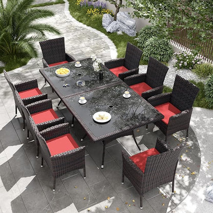 Kurapika 10-Piece Patio Furniture Outdoor Dining Set, Wicker Rattan Patio Dining Table and Chairs Set, Square Tempered Glass Tabletop with Umbrella Hole and 8 Chair Set, Red